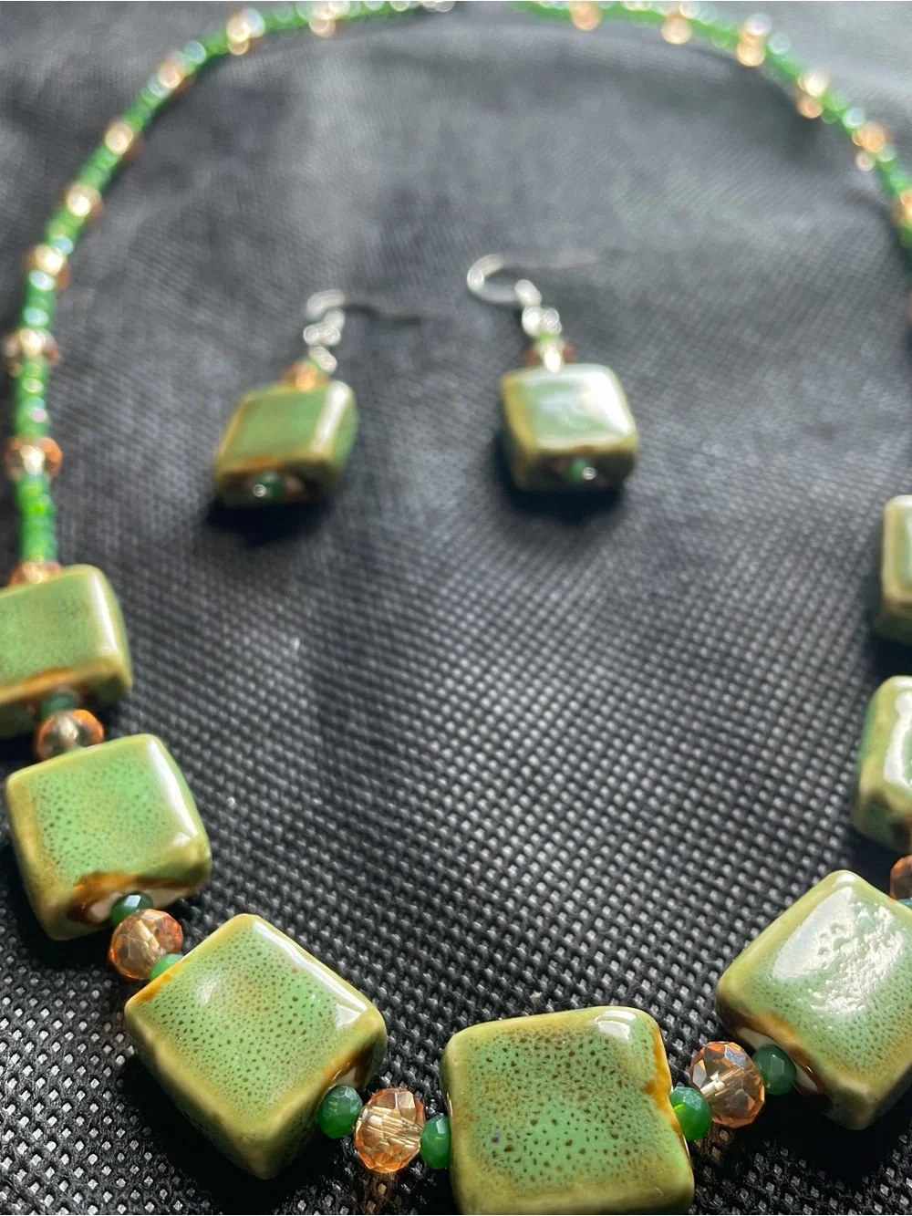 Green Ceramic Tile Necklace with Amber Accent Beads